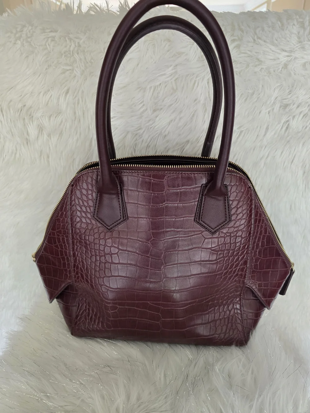 White House Black Market Croc-Embossed Satchel in Deep Burgundy